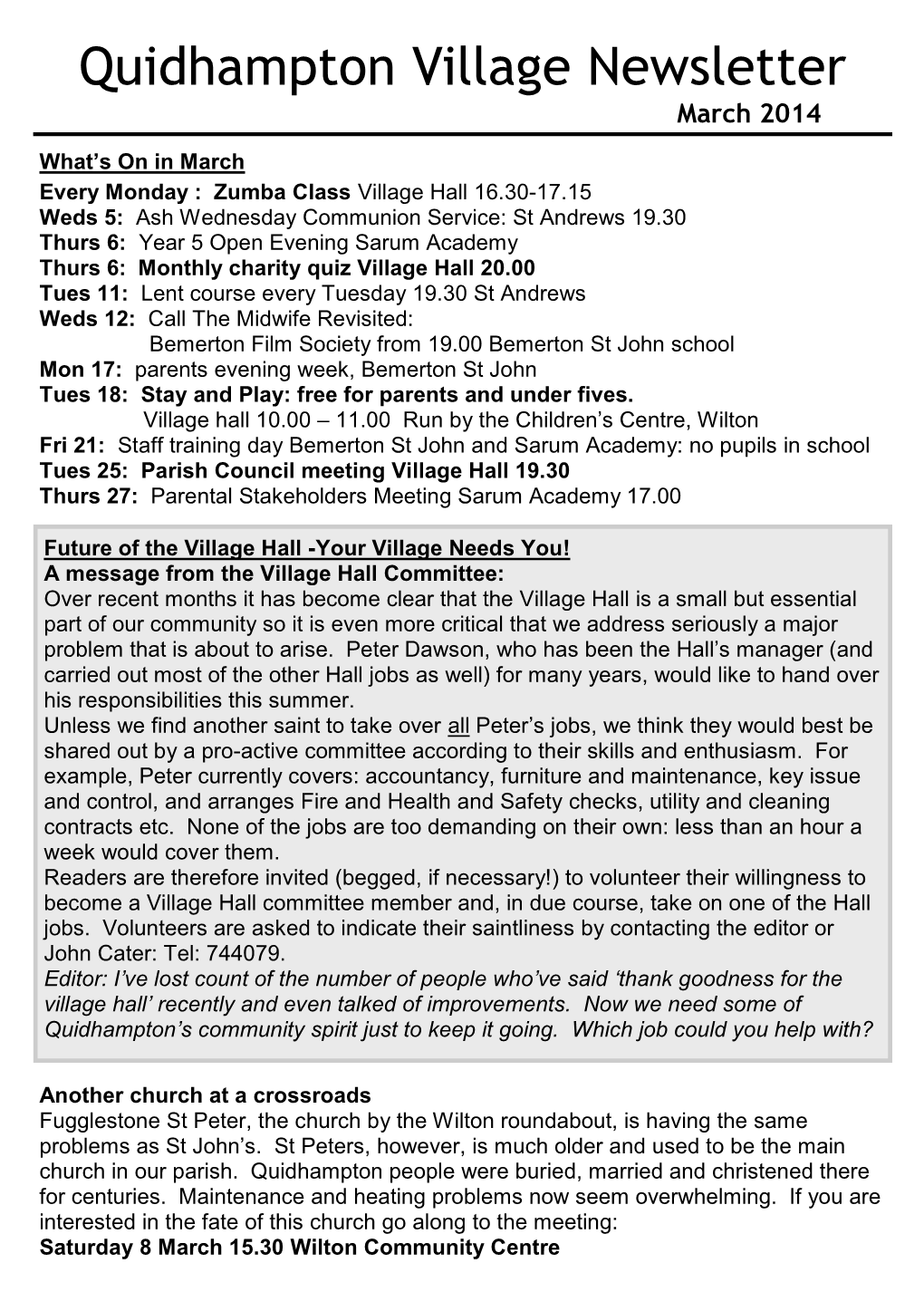 Quidhampton Village Newsletter March 2014 What’S on in March