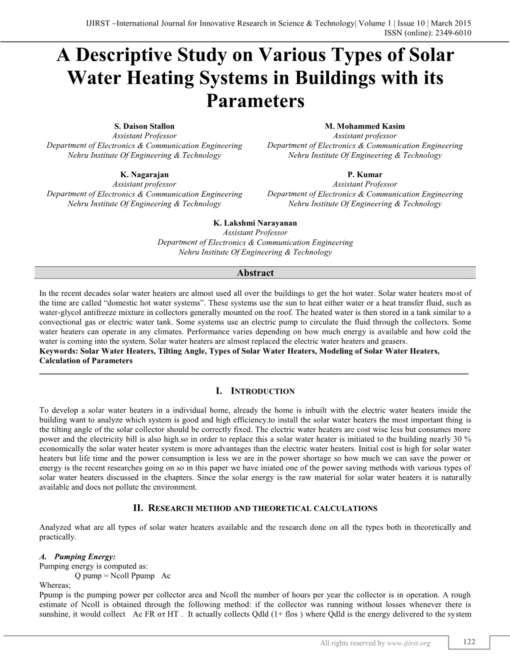 A Descriptive Study on Various Types of Solar Water Heating Systems in Buildings with Its Parameters