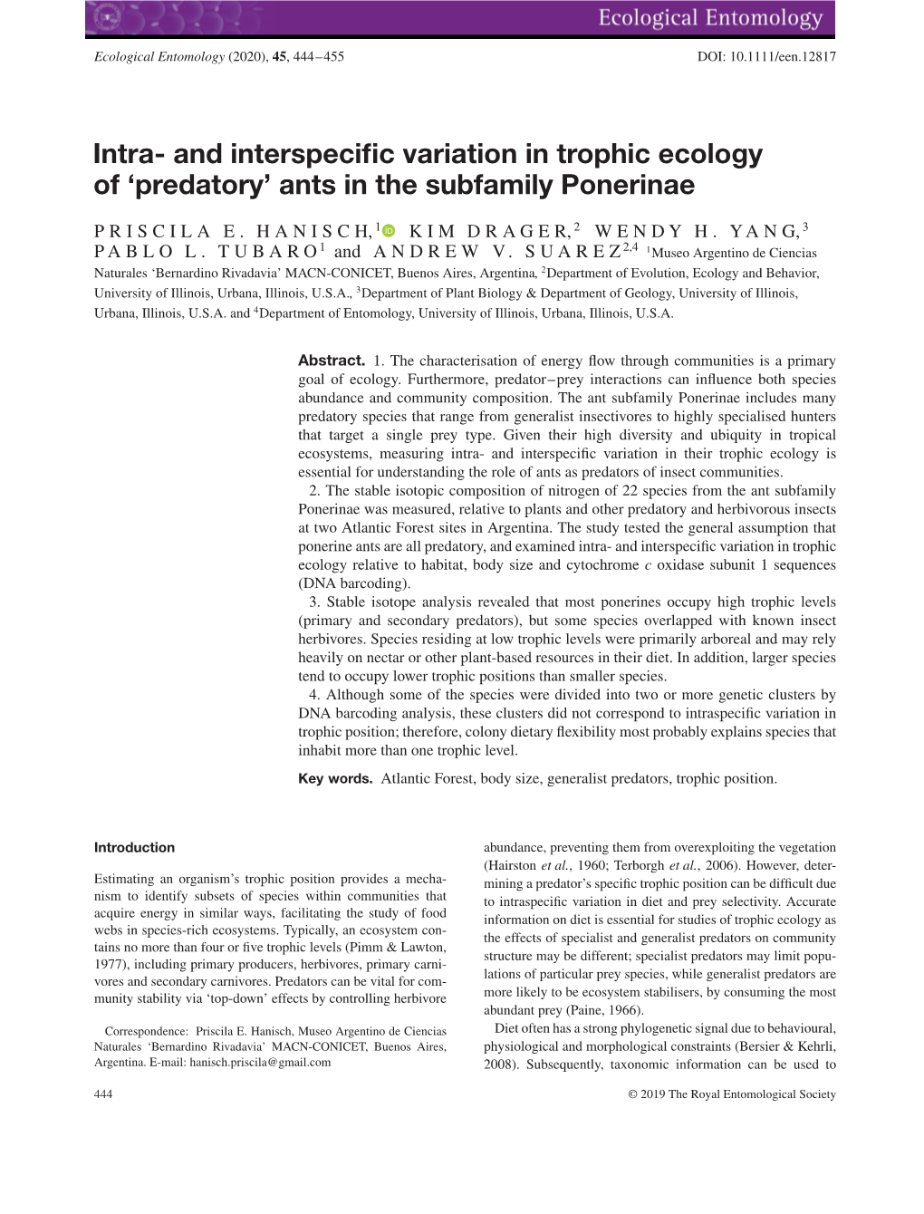 Intra‐ and Interspecific Variation in Trophic Ecology of 'Predatory' Ants in the Subfamily Ponerinae