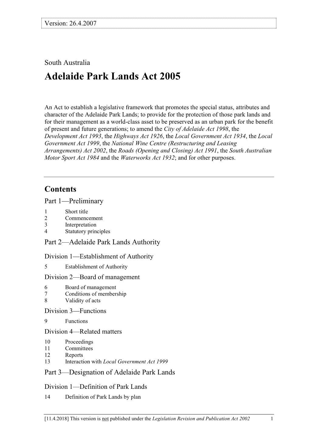 Adelaide Park Lands Act 2005