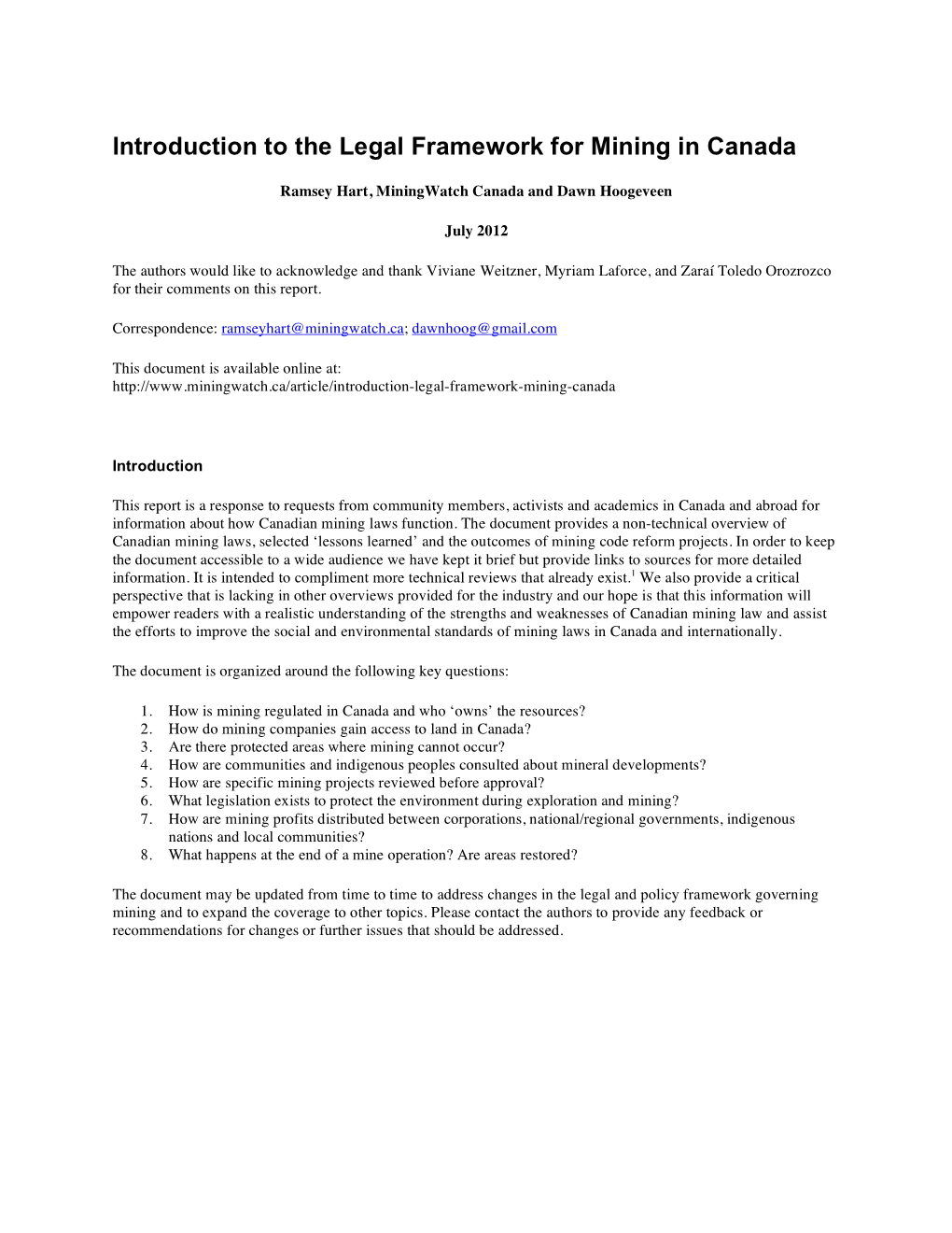 Introduction to the Legal Framework for Mining in Canada
