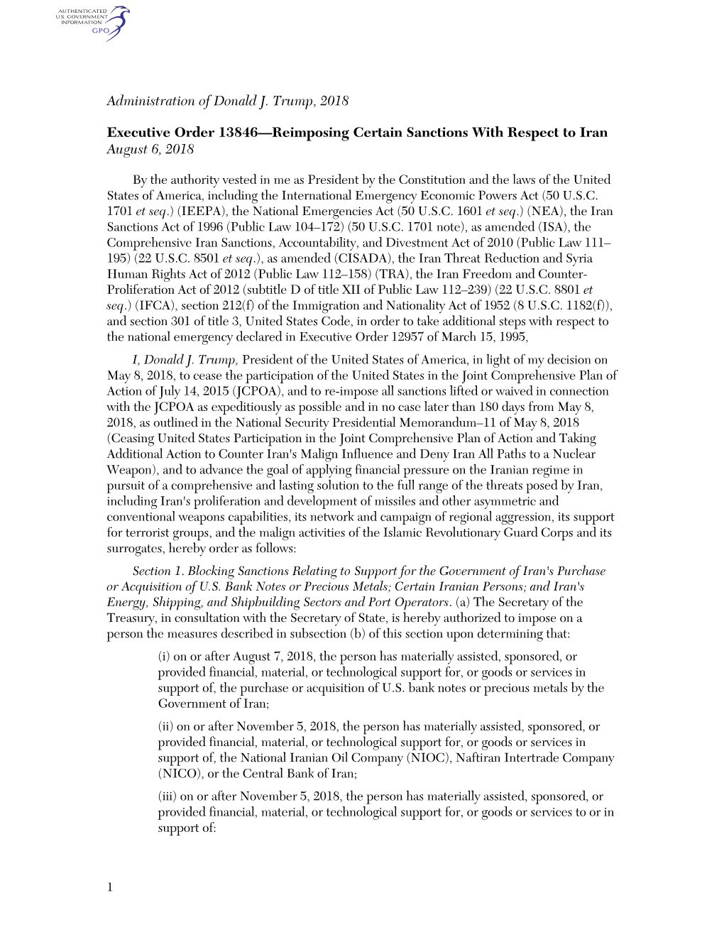 Administration of Donald J. Trump, 2018 Executive Order 13846—Reimposing Certain Sanctions with Respect to Iran August 6, 2018