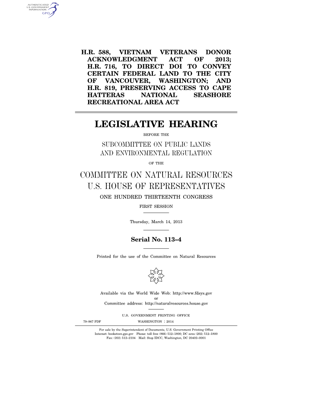 Legislative Hearing Committee on Natural Resources U.S. House of Representatives