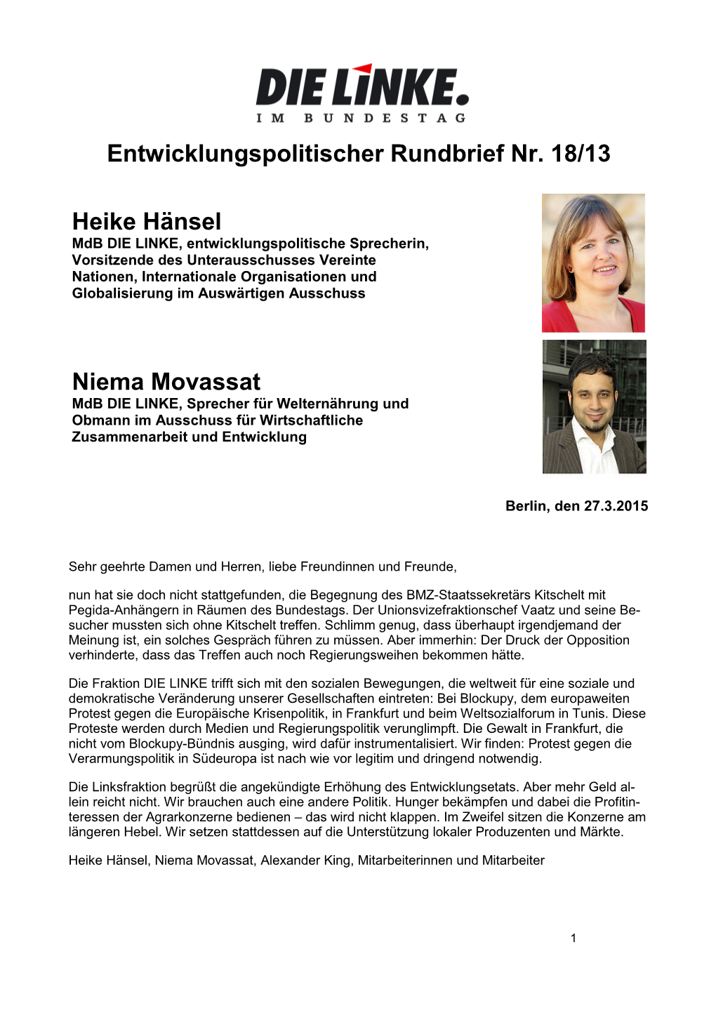 Entwicklungspolitischer Rundbrief Nr. 18/13 Heike Hänsel Niema