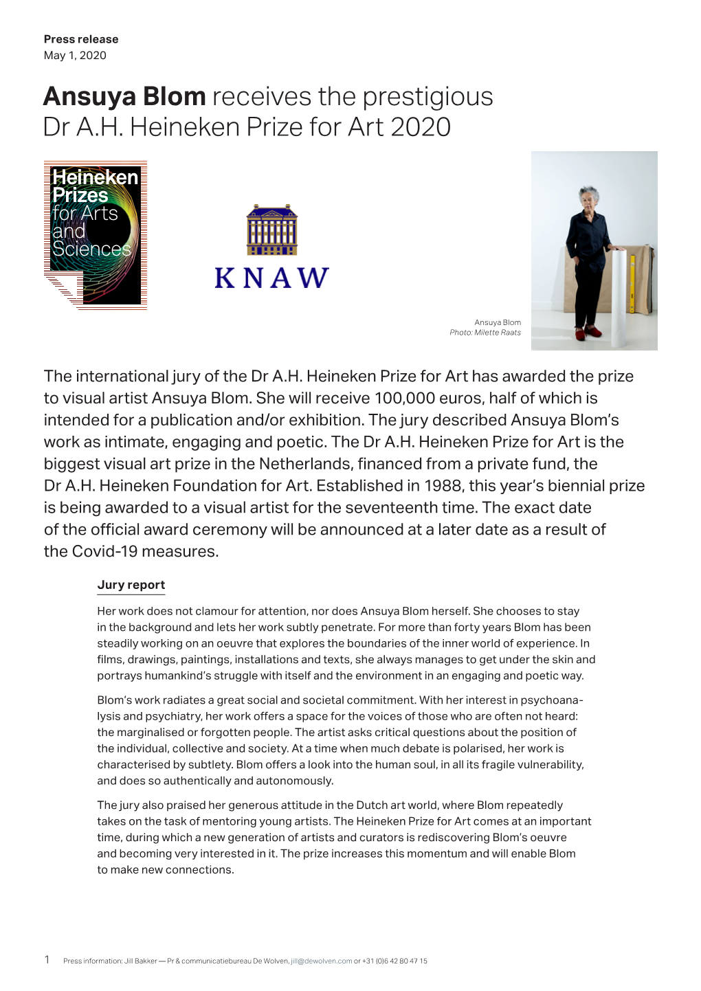 Ansuya Blom Receives the Prestigious Dr A.H. Heineken Prize for Art 2020