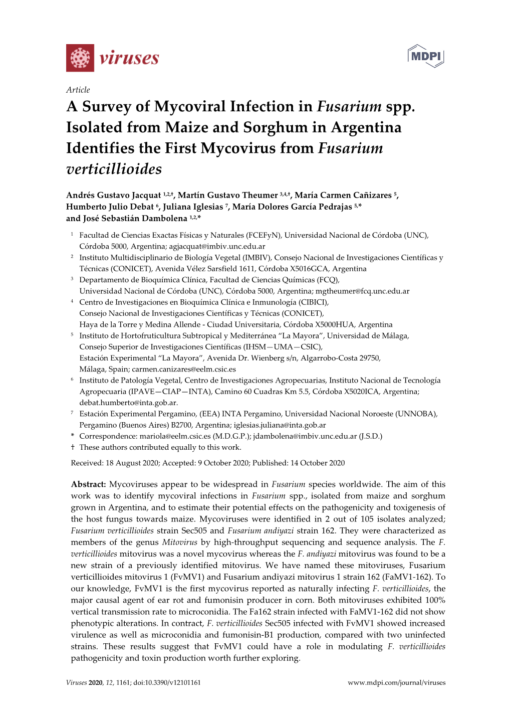 A Survey of Mycoviral Infection in Fusarium Spp. Isolated from Maize and Sorghum in Argentina Identifies the First Mycovirus from Fusarium Verticillioides