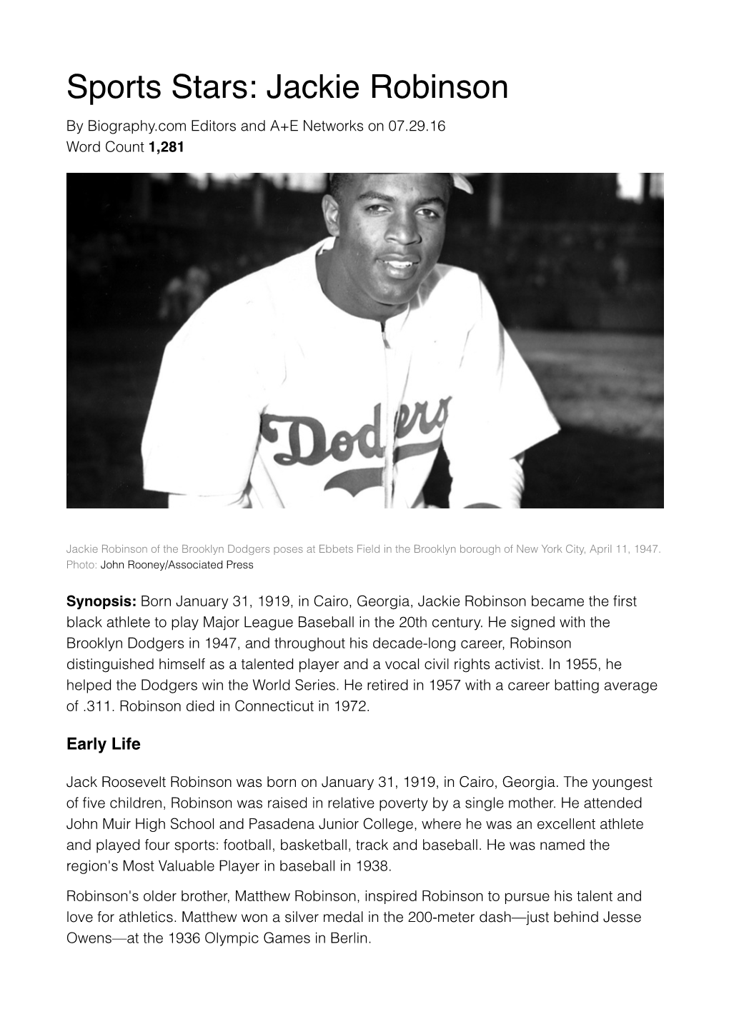 Sports Stars: Jackie Robinson by Biography.Com Editors and A+E Networks on 07.29.16 Word Count 1,281