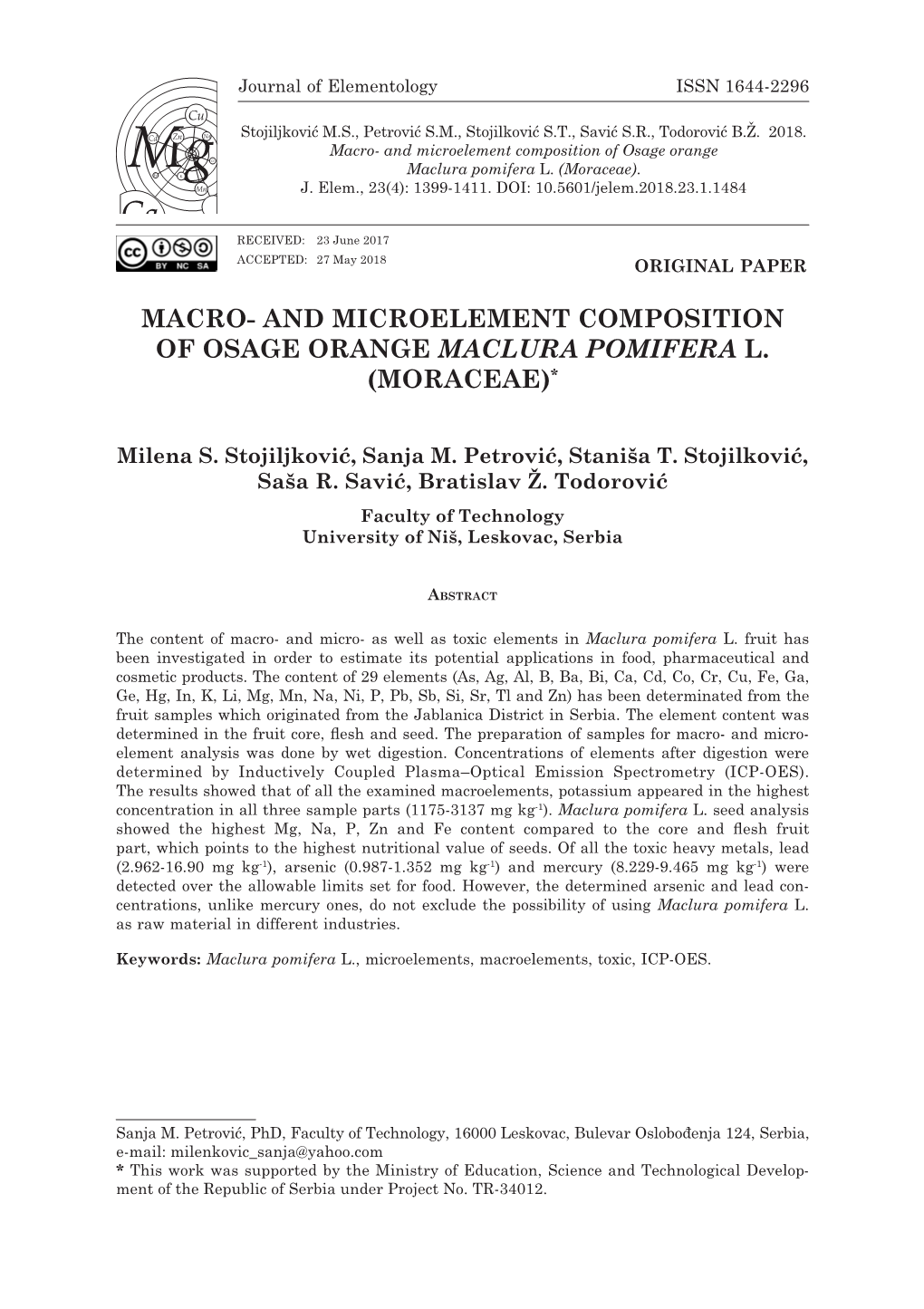 Macro- and Microelement Composition of Osage Orange Maclura Pomifera L