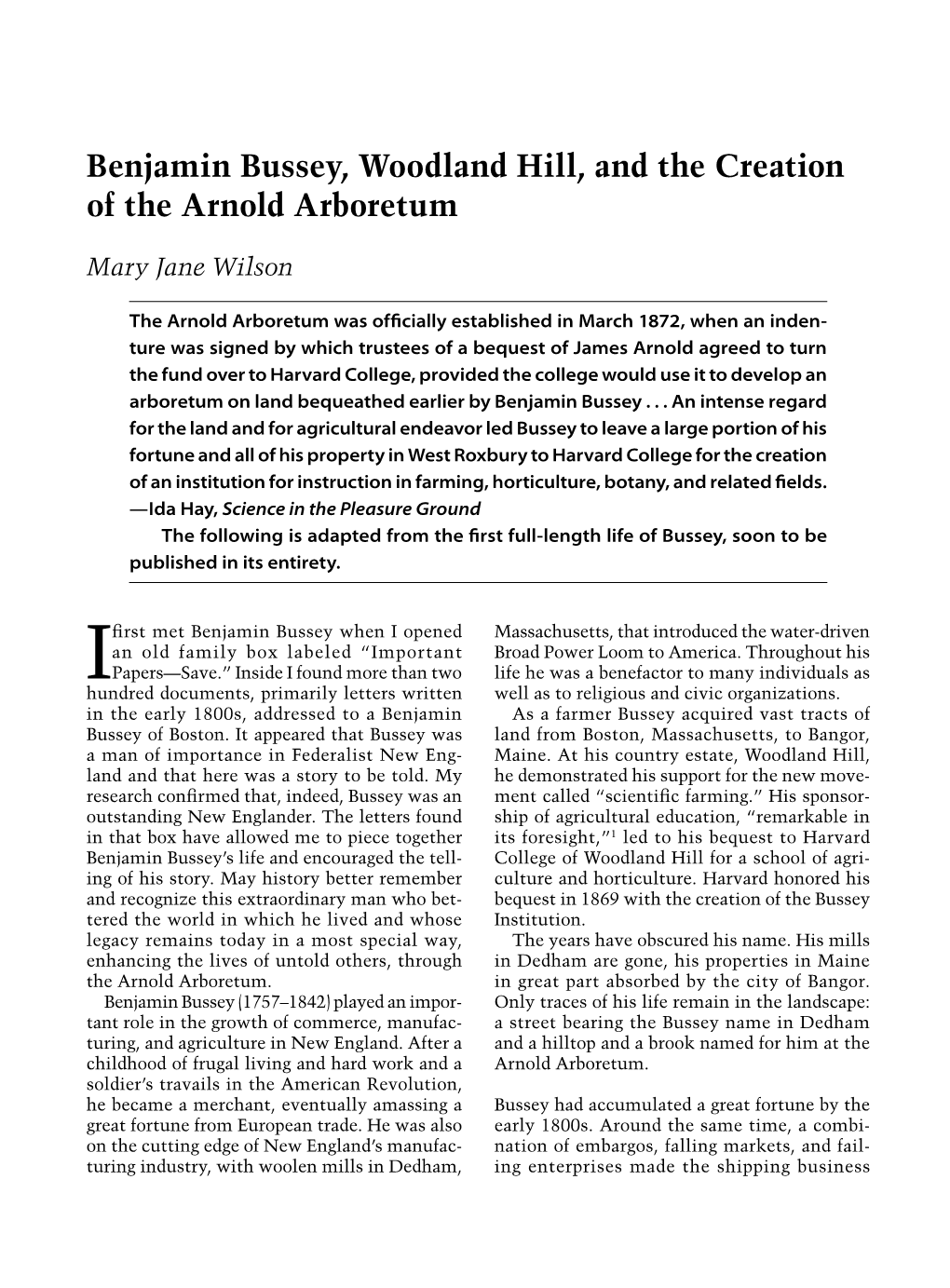 Benjamin Bussey, Woodland Hill, and the Creation of the Arnold Arboretum