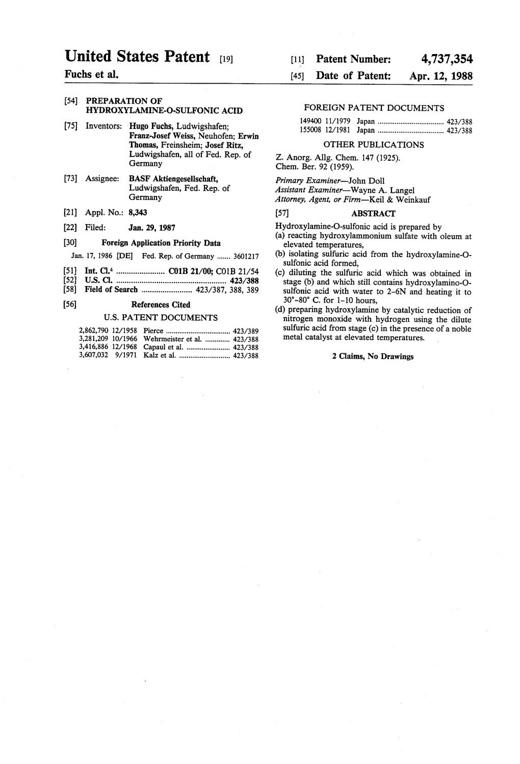 United States Patent [19] [11'] Patent Number: 4,737,354 Fuchs Et Al