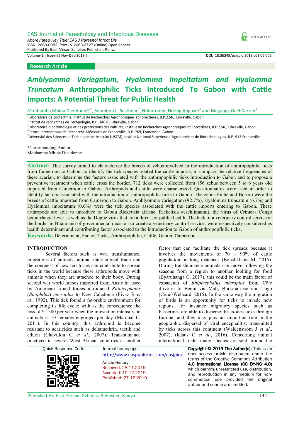 Amblyomma Variegatum, Hyalomma Impeltatum and Hyalomma Truncatum Anthropophilic Ticks Introduced to Gabon with Cattle Imports: a Potential Threat for Public Health