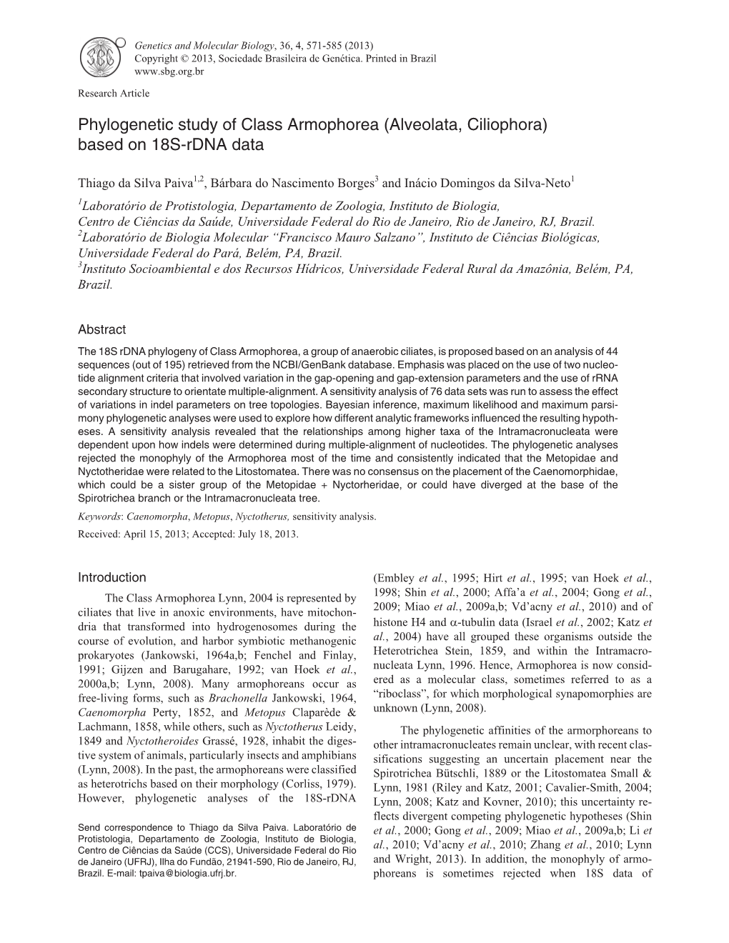 Phylogenetic Study of Class Armophorea (Alveolata, Ciliophora) Based on 18S-Rdna Data