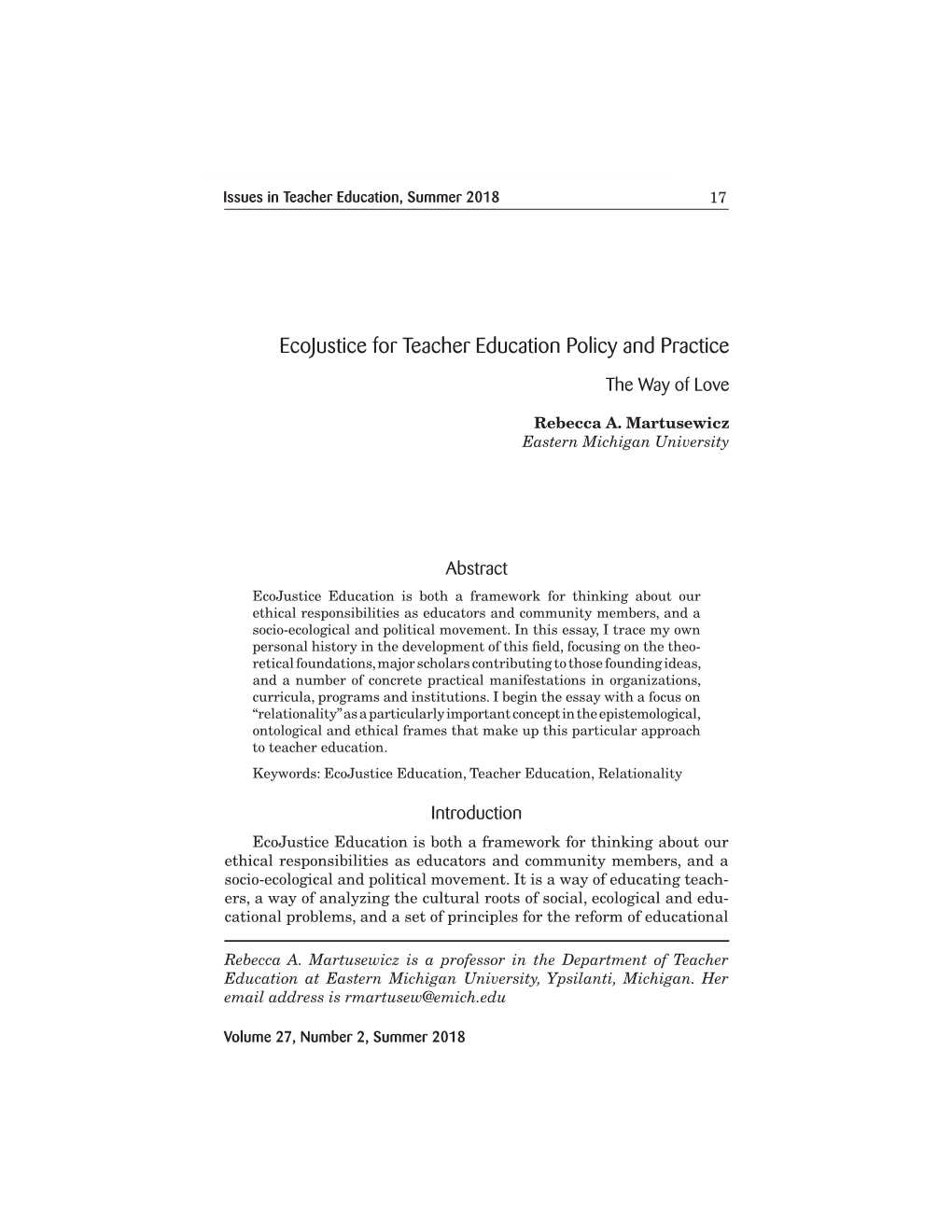 Ecojustice for Teacher Education Policy and Practice the Way of Love