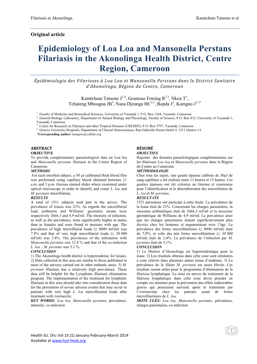 Epidemiology of Loa Loa and Mansonella Perstans Filariasis in the Akonolinga Health District, Centre Region, Cameroon