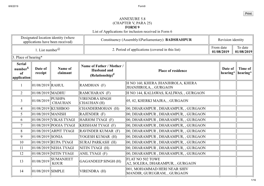 ANNEXURE 5.8 (CHAPTER V, PARA 25) FORM 9 List of Applications For