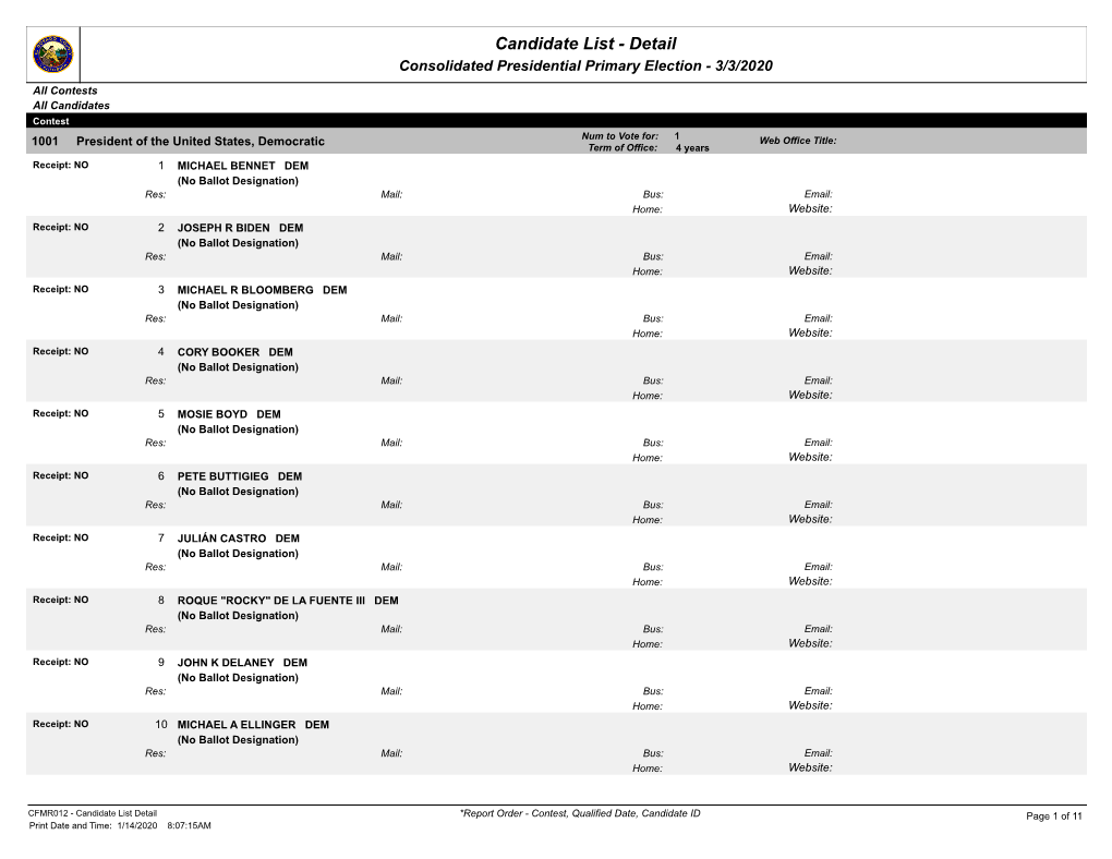 Candidate List - Detail Consolidated Presidential Primary Election - 3/3/2020