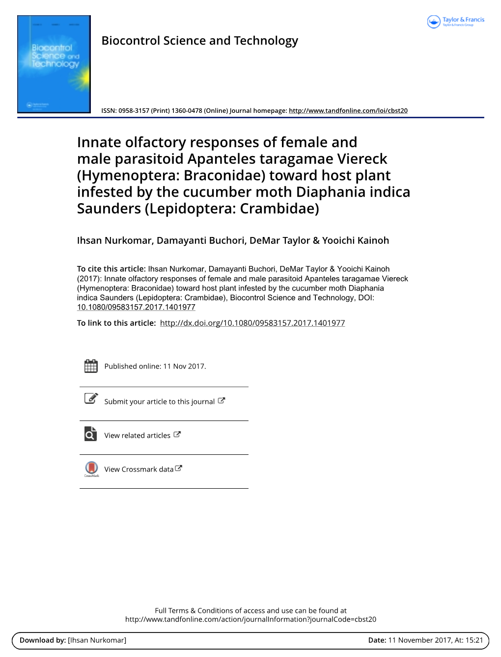 Innate Olfactory Responses of Female and Male Parasitoid Apanteles