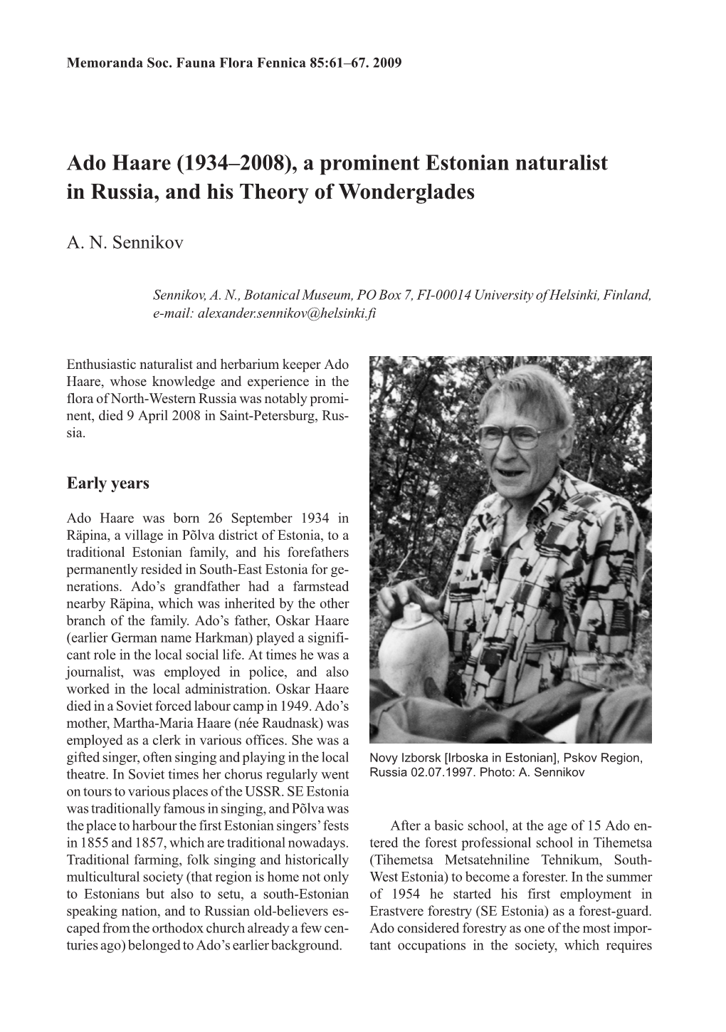 Ado Haare (1934–2008), a Prominent Estonian Naturalist in Russia, and His Theory of Wonderglades