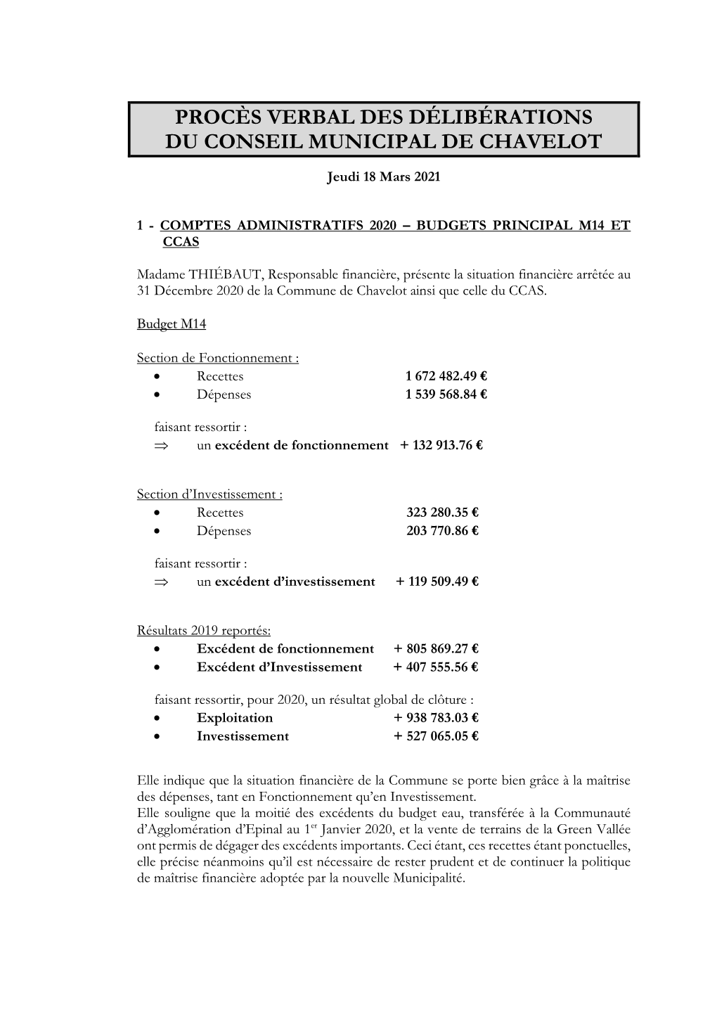 Procès Verbal Des Délibérations Du Conseil Municipal De Chavelot