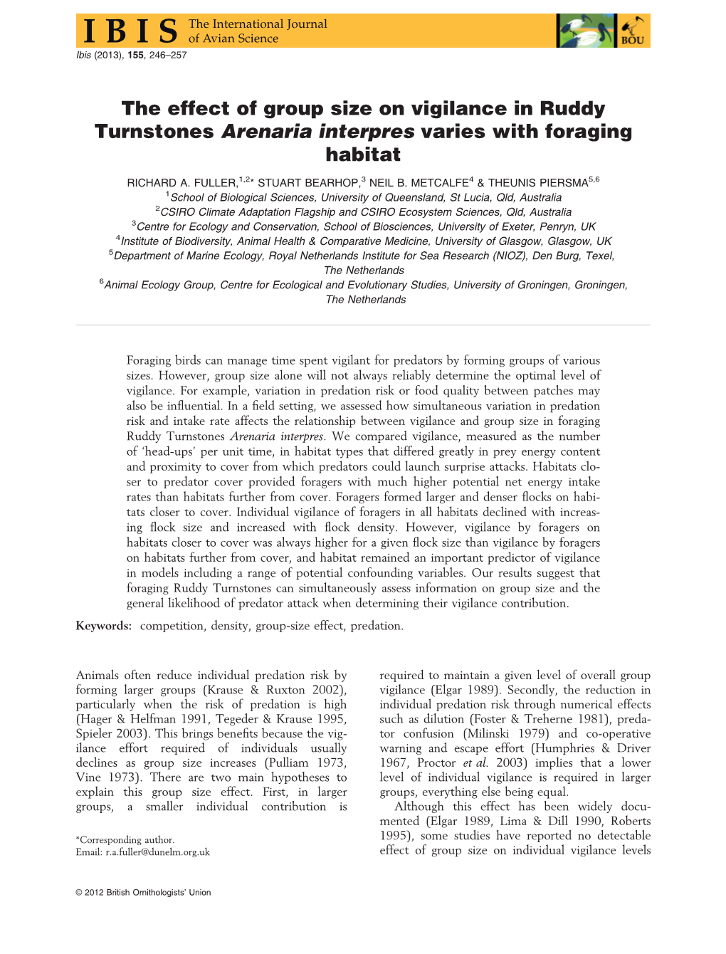 The Effect of Group Size on Vigilance in Ruddy Turnstones Arenaria Interpres Varies with Foraging Habitat