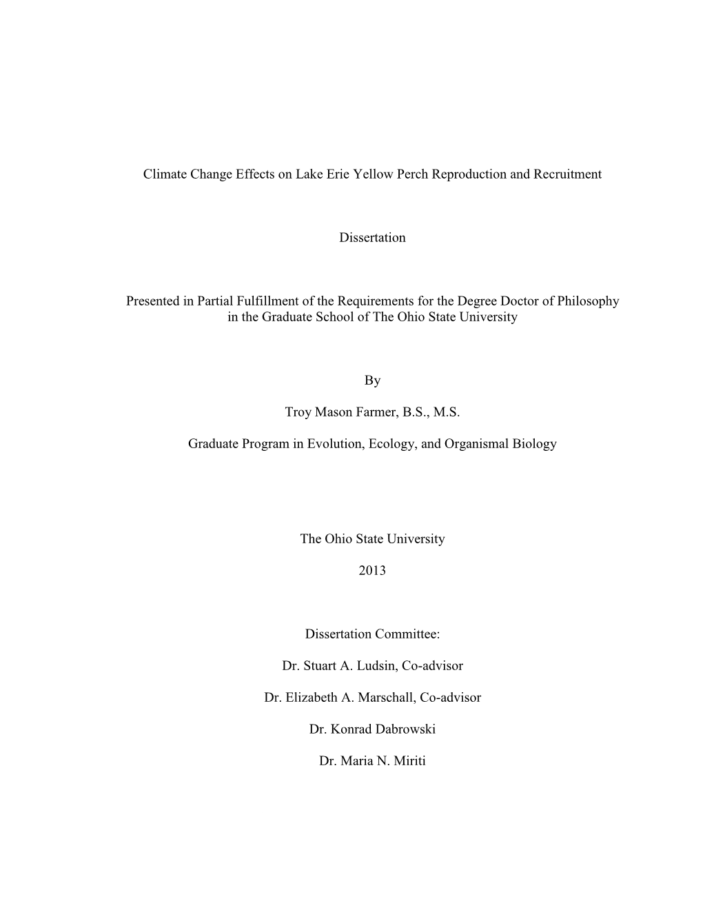 Climate Change Effects on Lake Erie Yellow Perch Reproduction and Recruitment