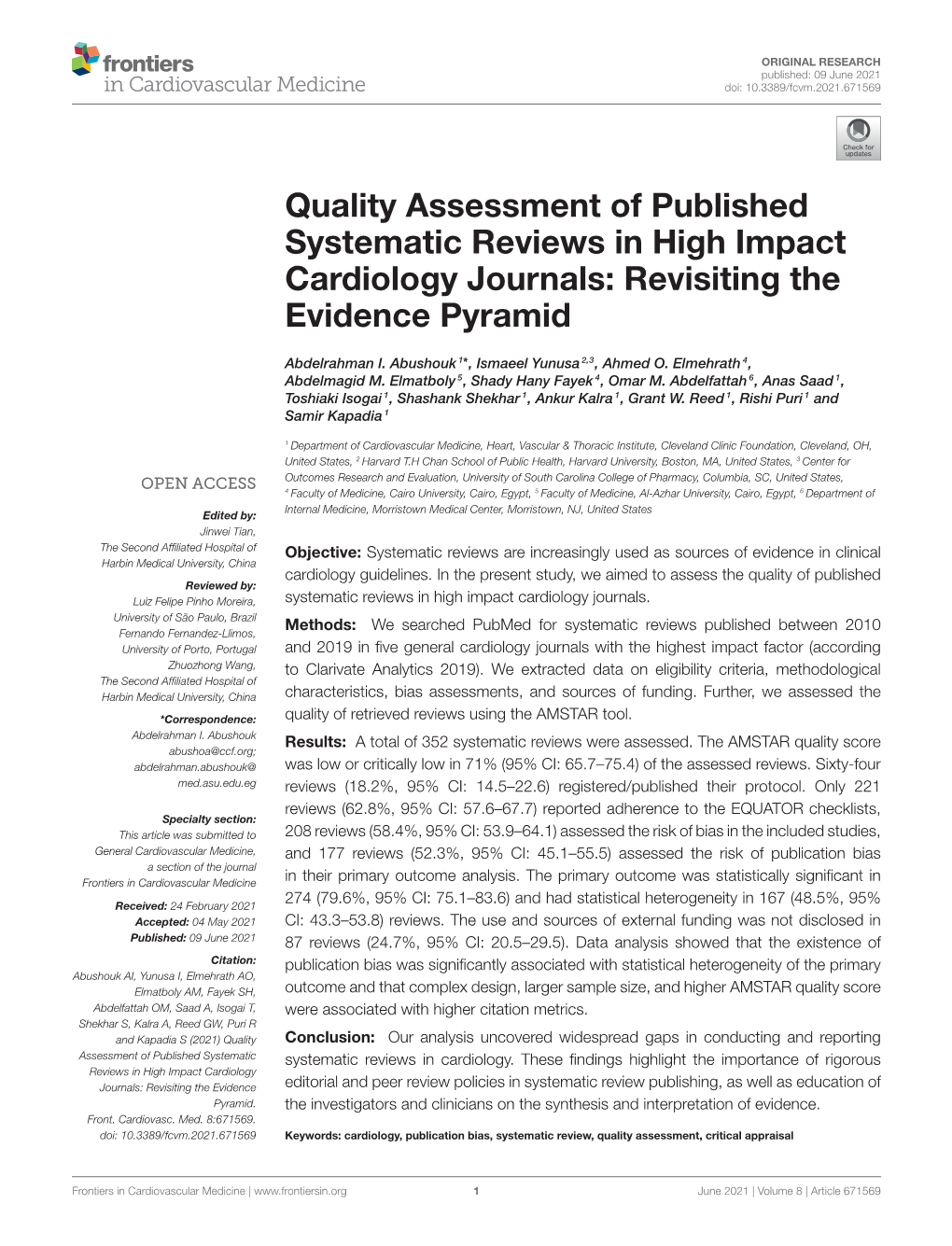 Quality Assessment of Published Systematic Reviews in High Impact Cardiology Journals: Revisiting the Evidence Pyramid