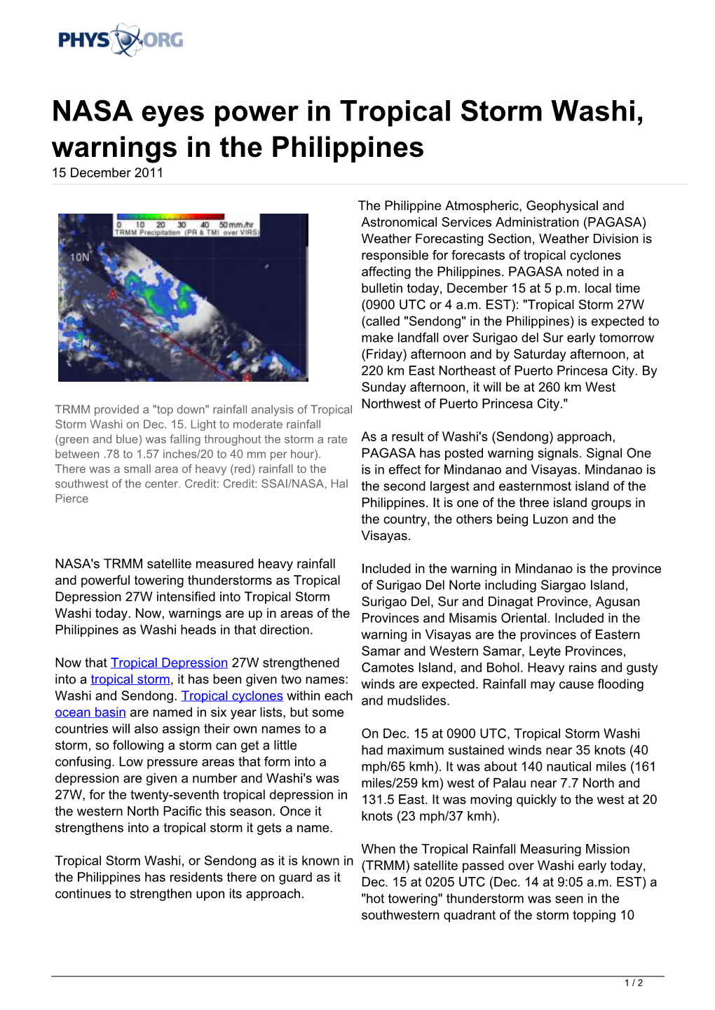 NASA Eyes Power in Tropical Storm Washi, Warnings in the Philippines 15 December 2011