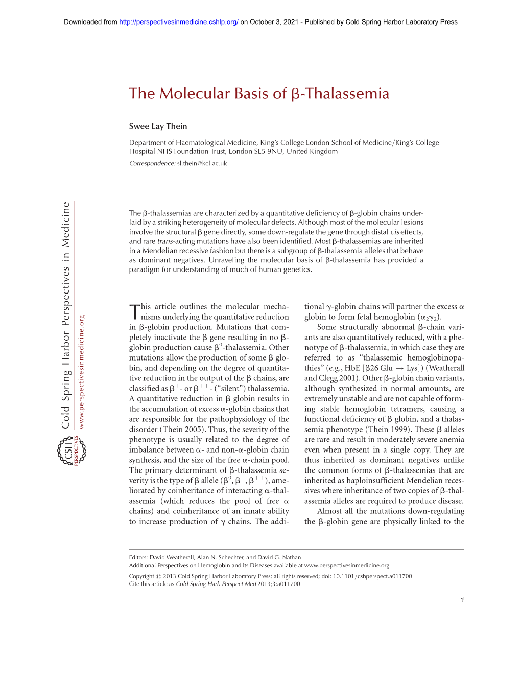 The Molecular Basis of B-Thalassemia
