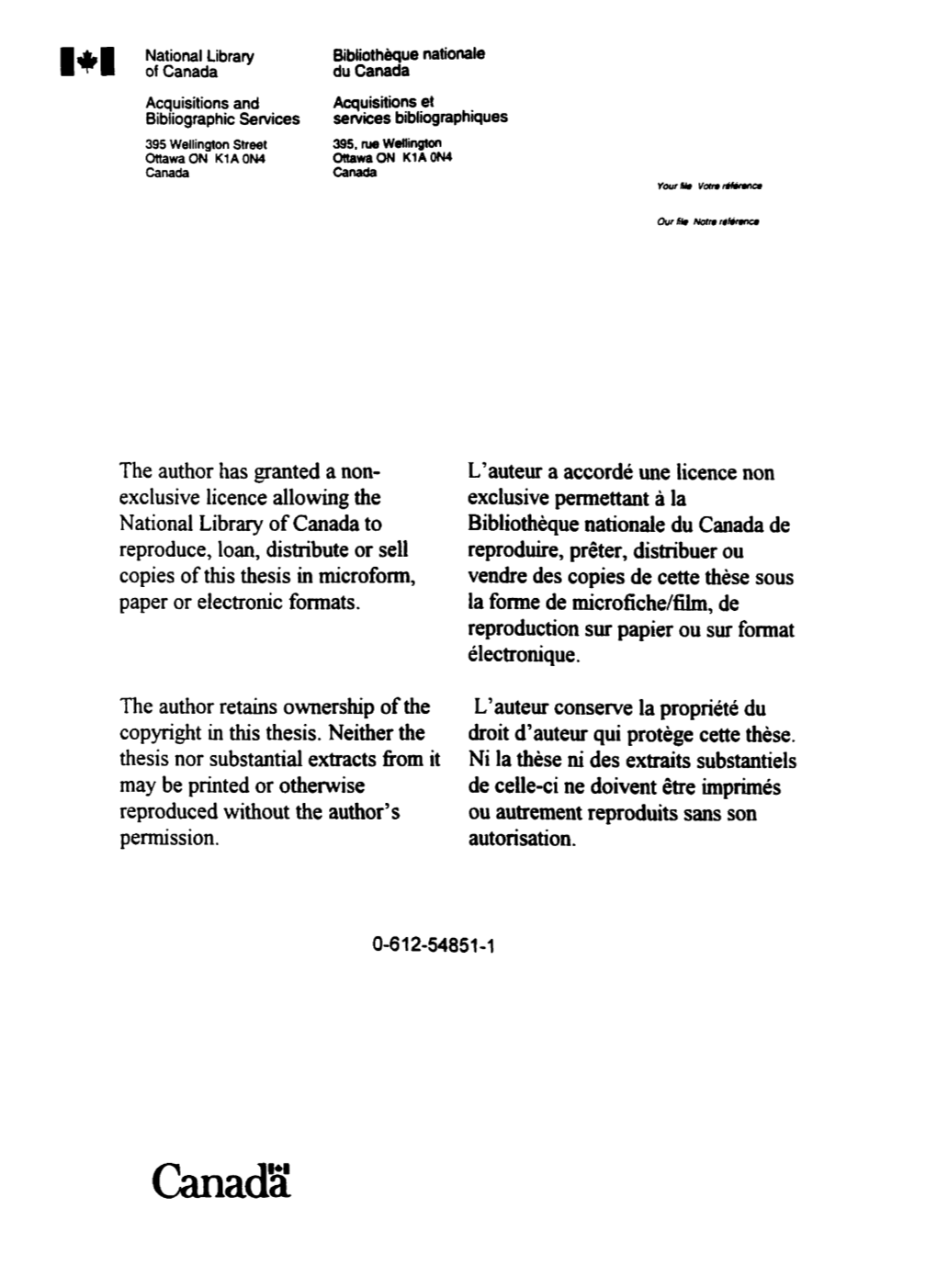 The Author Has Ganted a Non- Exclusive Licence Allowing the Reproduce, Loan, Distribute Or Sel1 Copies of This Thesis in Microfo