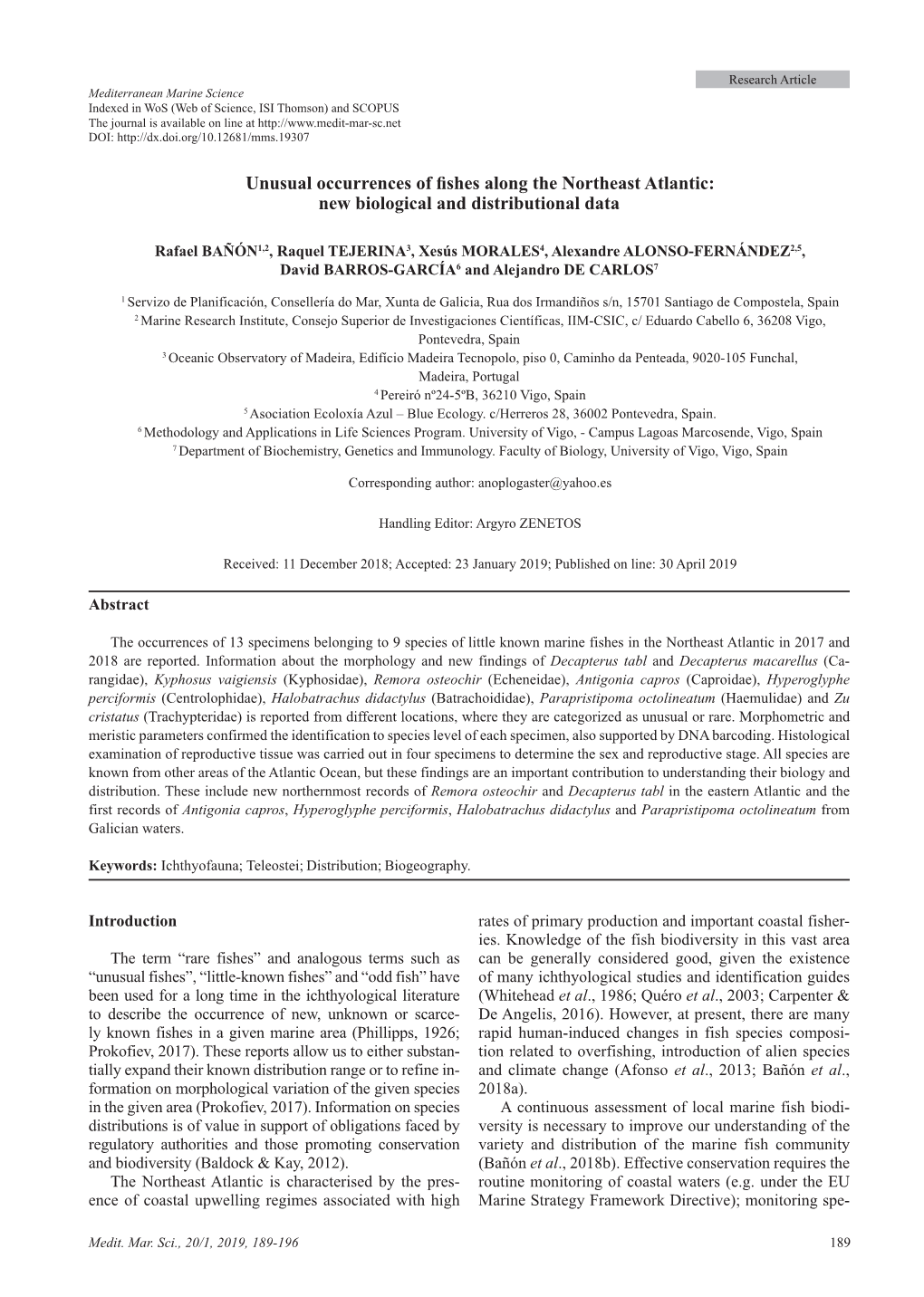 Unusual Occurrences of Fishes Along the Northeast Atlantic: New Biological and Distributional Data