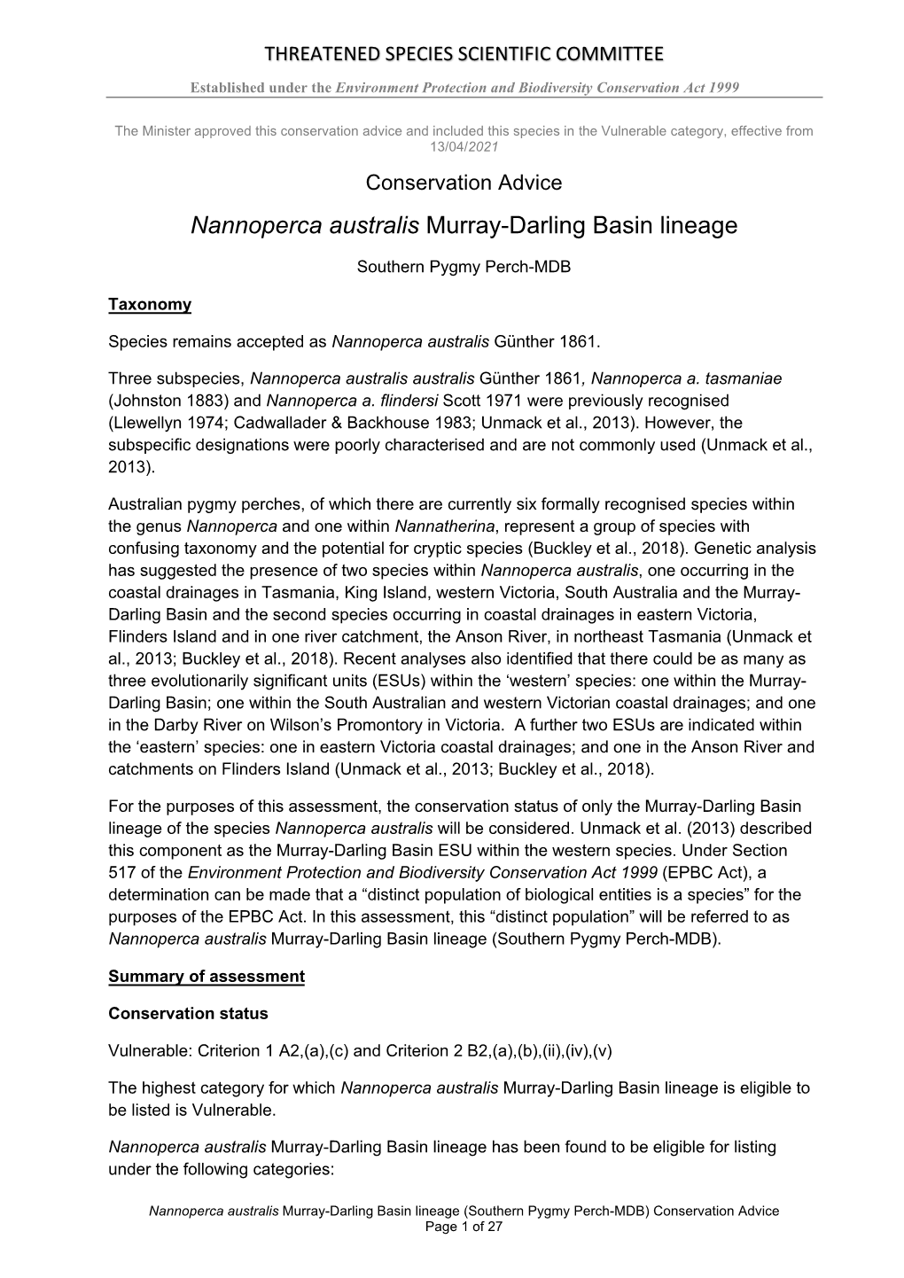 Conservation Advice Nannoperca Australis Murray-Darling Basin Lineage
