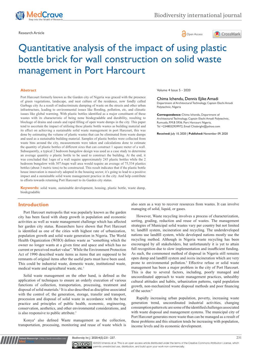 Quantitative Analysis of the Impact of Using Plastic Bottle Brick for Wall Construction on Solid Waste Management in Port Harcourt