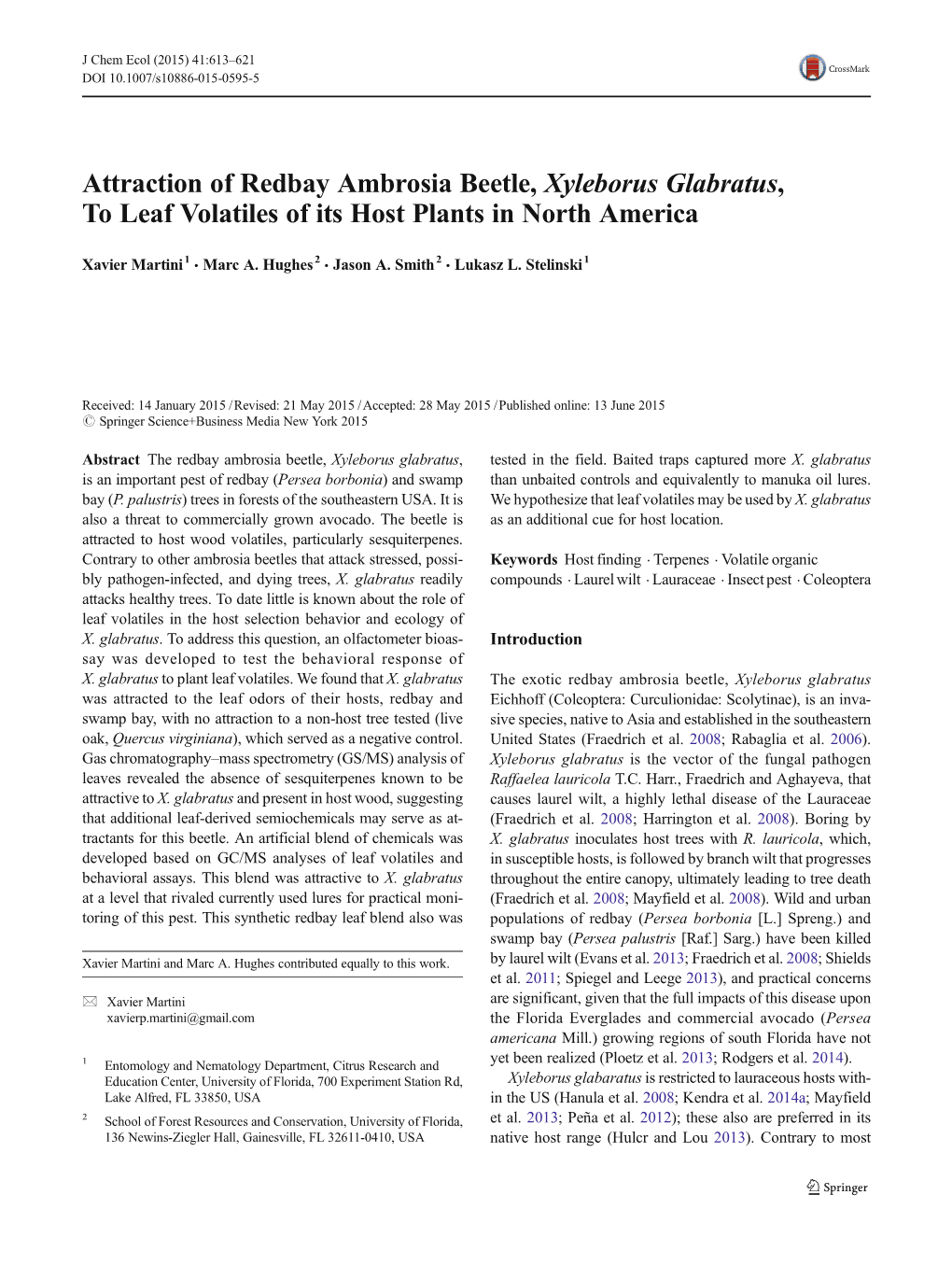 Attraction of Redbay Ambrosia Beetle, Xyleborus Glabratus, to Leaf Volatiles of Its Host Plants in North America