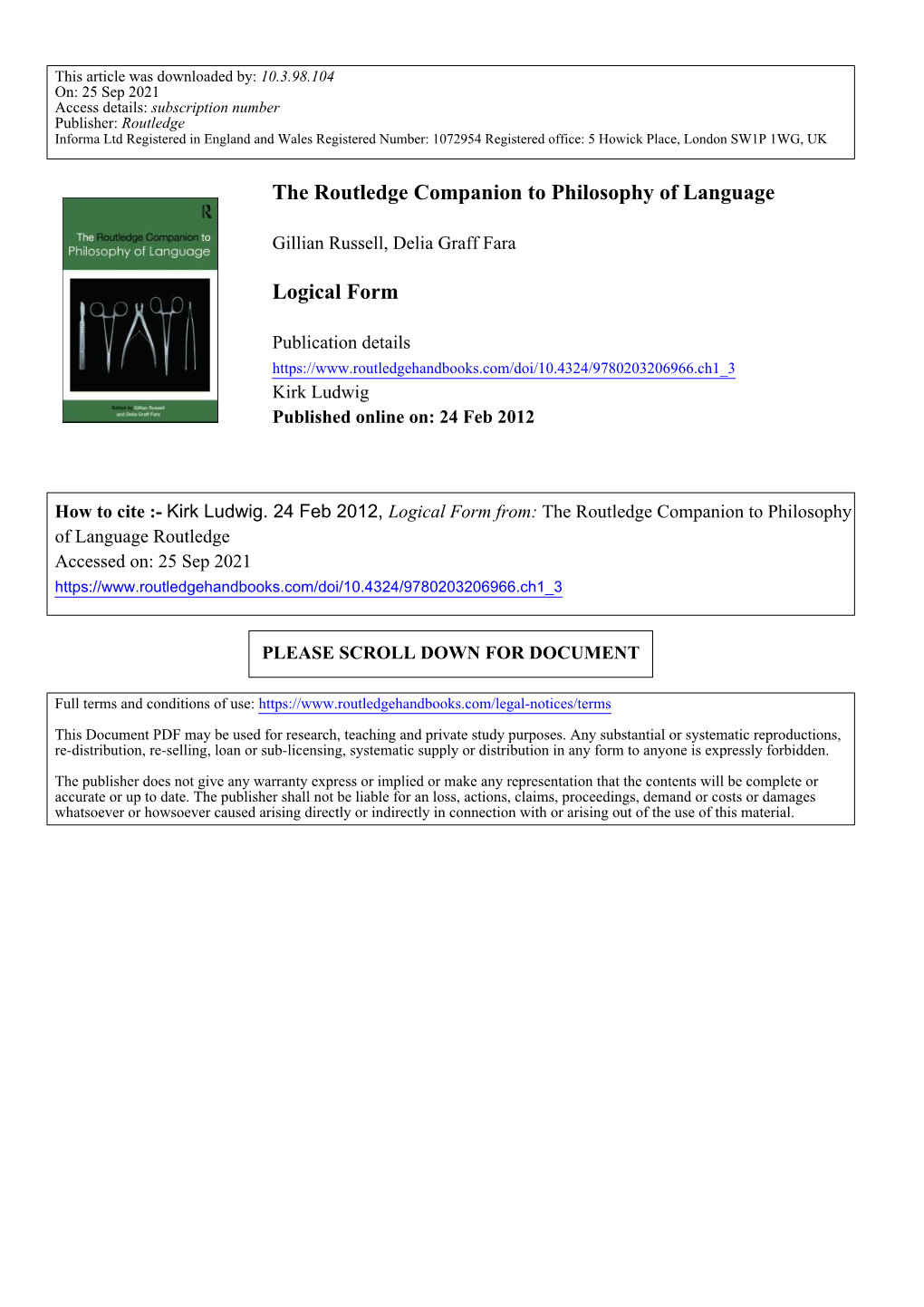The Routledge Companion to Philosophy of Language Logical Form