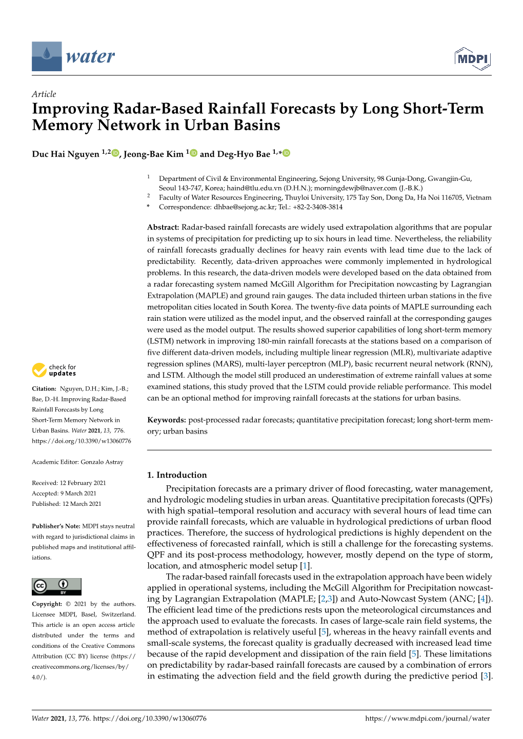 Improving Radar-Based Rainfall Forecasts by Long Short-Term Memory Network in Urban Basins