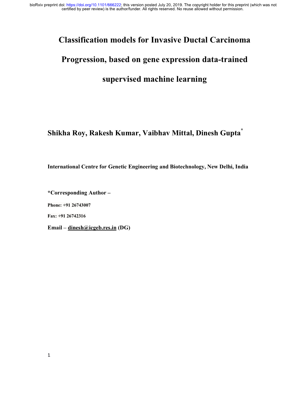 Classification Models for Invasive Ductal Carcinoma Progression