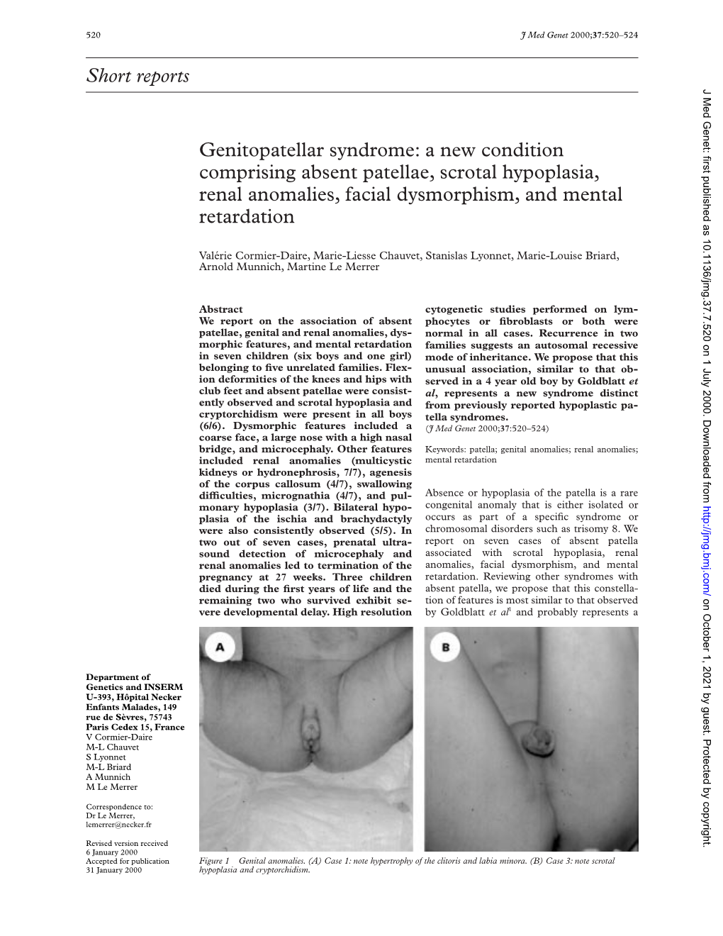 Short Reports Genitopatellar Syndrome: a New Condition Comprising Absent