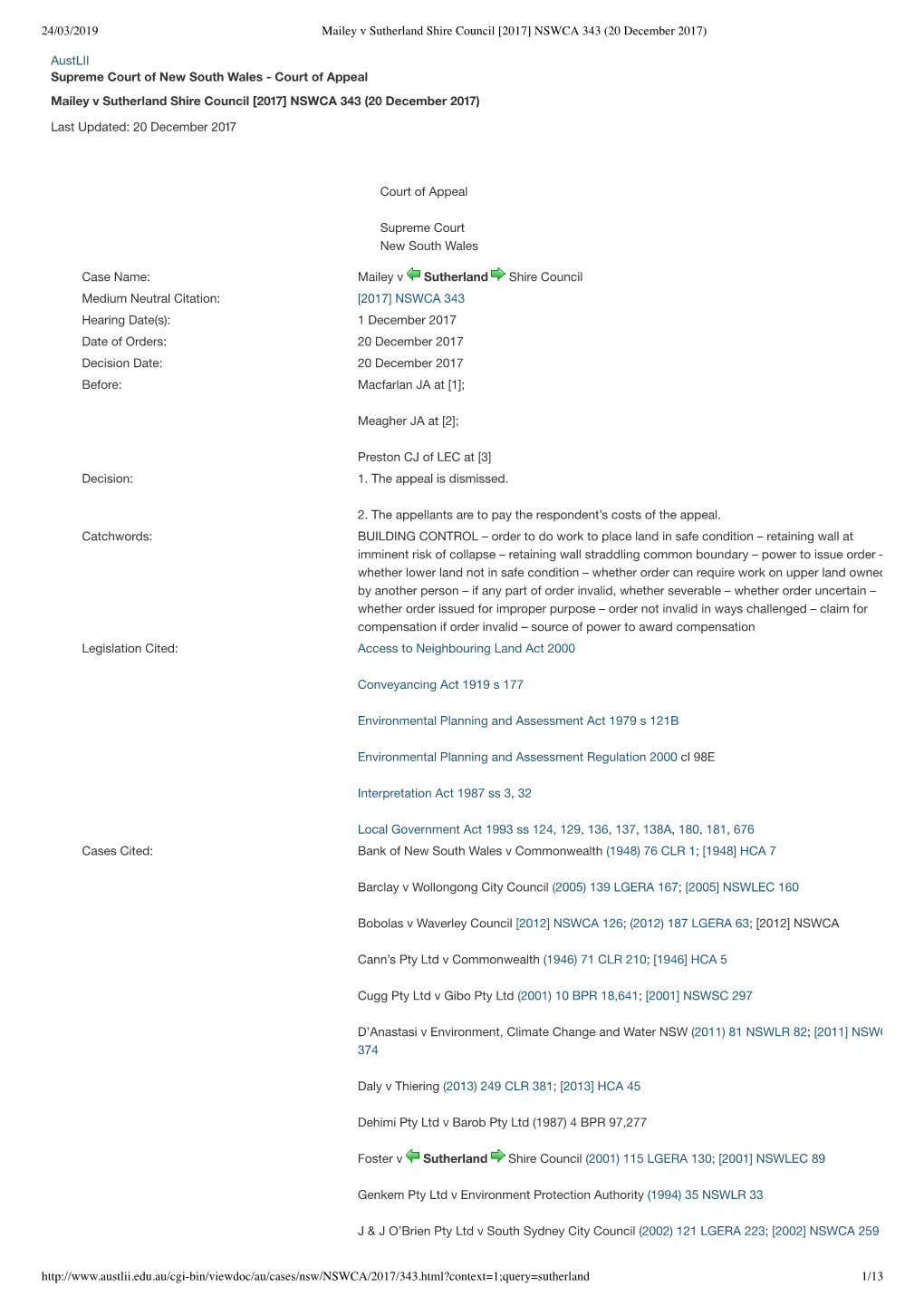 Mailey V Sutherland Shire Council [2017] NSWCA 343 (20 December 2017)