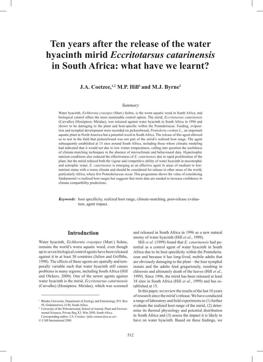 Ten Years After the Release of the Water Hyacinth Mirid Eccritotarsus Catarinensis in South Africa: What Have We Learnt?