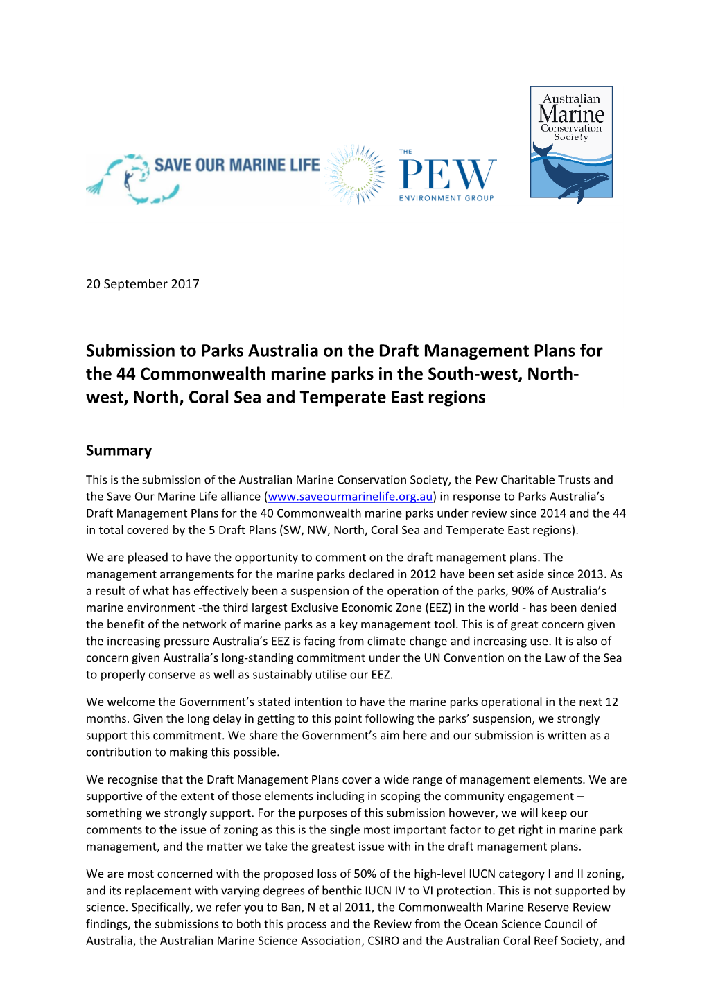 Submission to Parks Australia on the Draft Management Plans for the 44