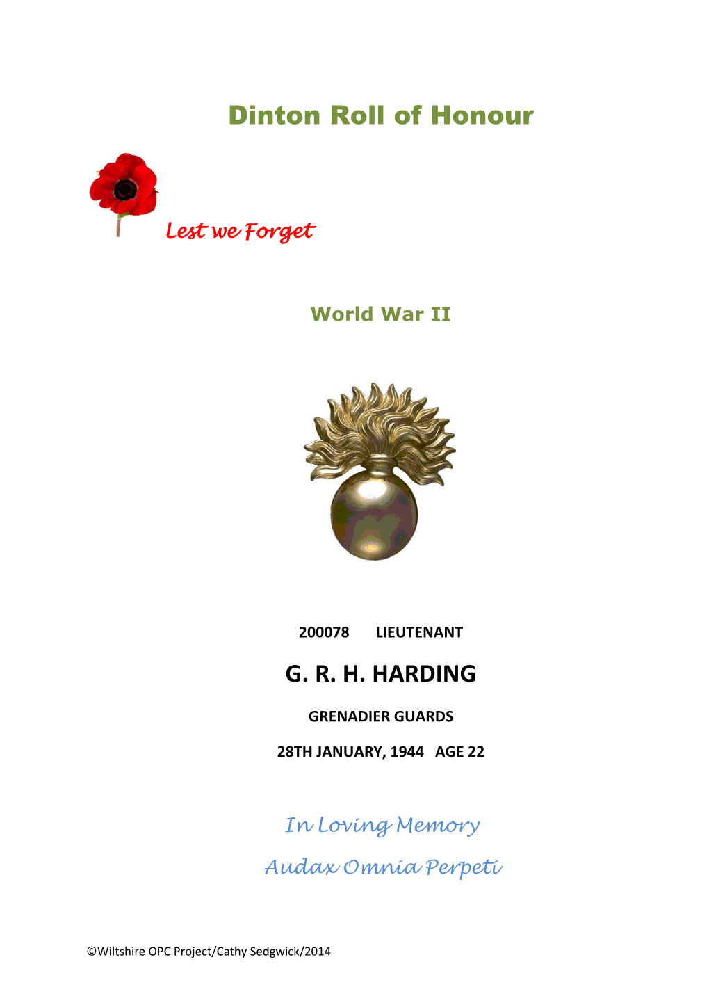 Dinton Roll of Honour G. R. H. HARDING