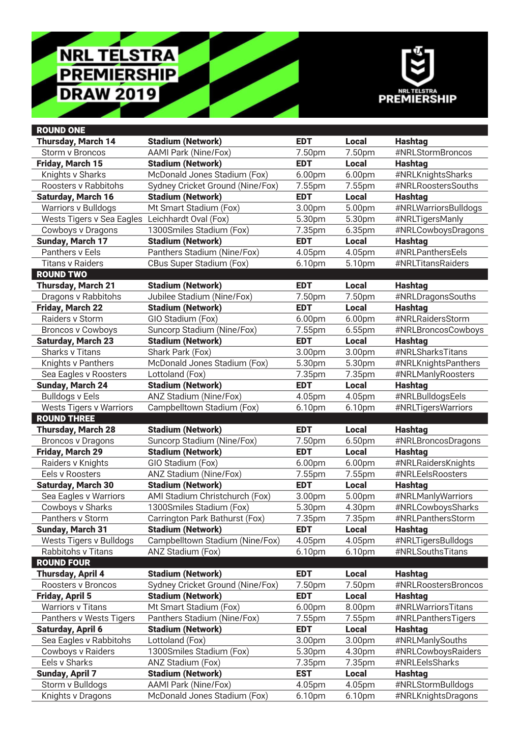 ROUND ONE Thursday, March 14 Stadium (Network) EDT