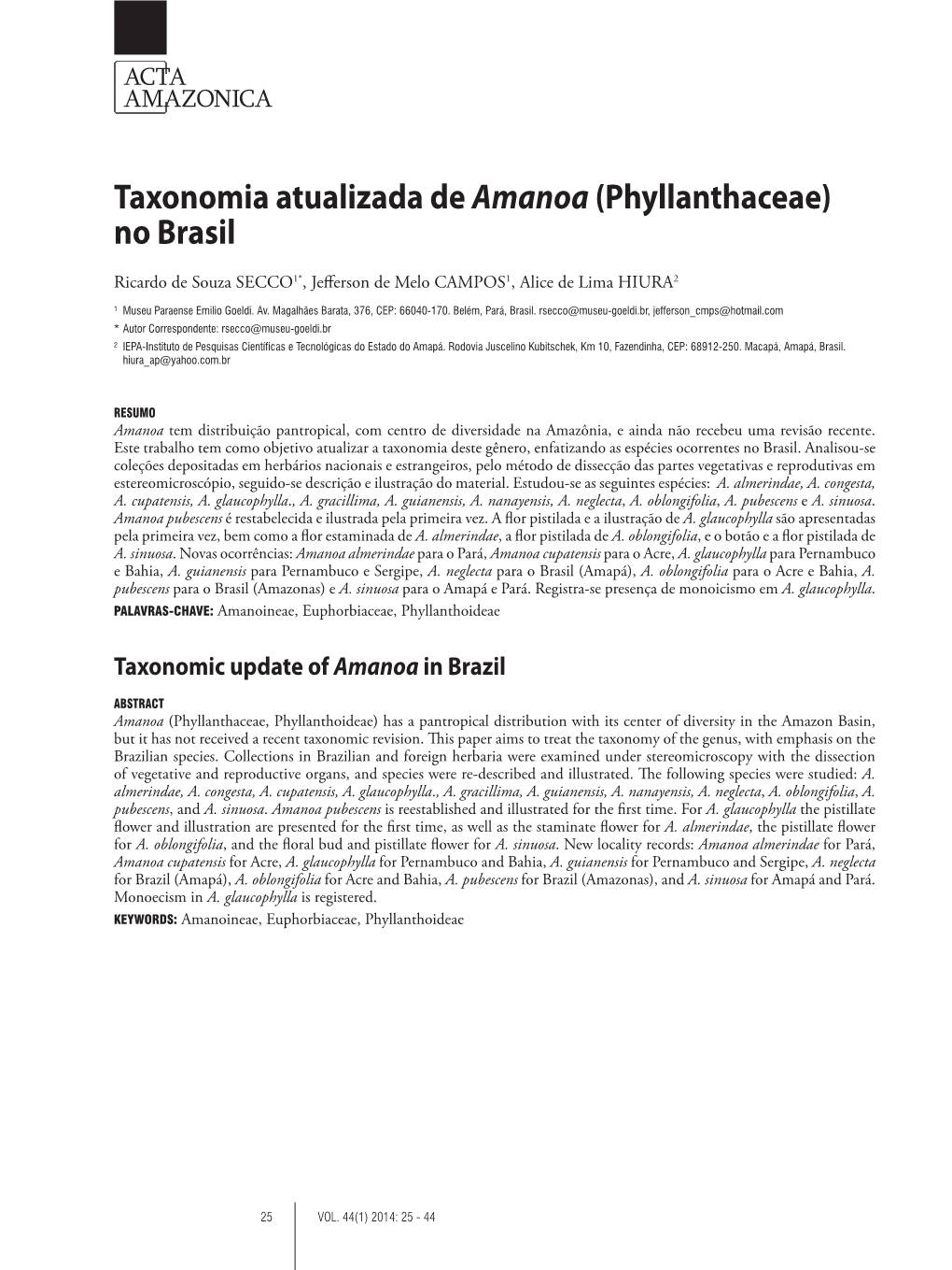 Taxonomia Atualizada De Amanoa(Phyllanthaceae)