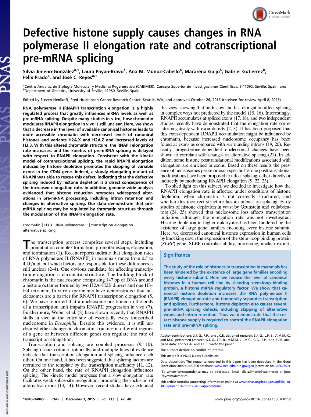 Defective Histone Supply Causes Changes in RNA Polymerase II Elongation Rate and Cotranscriptional Pre-Mrna Splicing