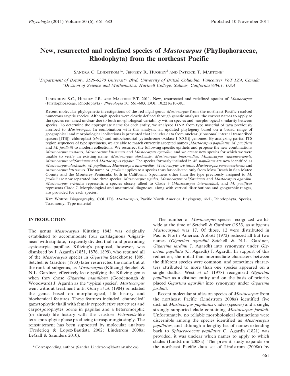 New, Resurrected and Redefined Species of Mastocarpus (Phyllophoraceae, Rhodophyta) from the Northeast Pacific