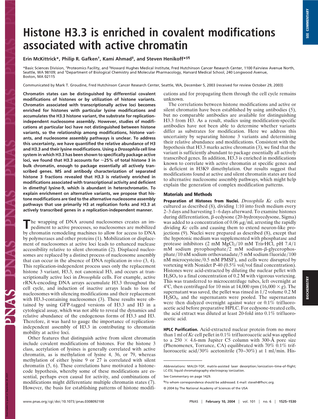 Histone H3.3 Is Enriched in Covalent Modifications Associated with Active