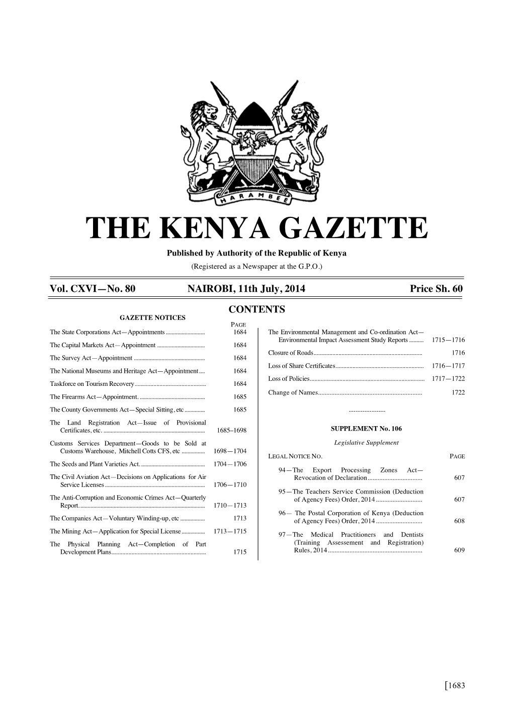 THE KENYA GAZETTE Published by Authority of the Republic of Kenya (Registered As a Newspaper at the G.P.O.)