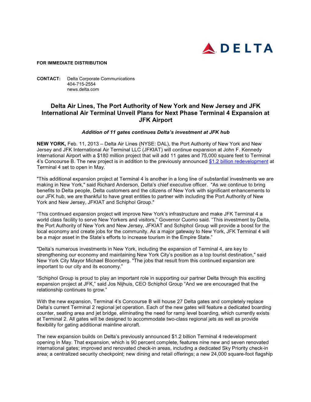 Delta Air Lines, the Port Authority of New York and New Jersey and JFK International Air Terminal Unveil Plans for Next Phase Terminal 4 Expansion at JFK Airport