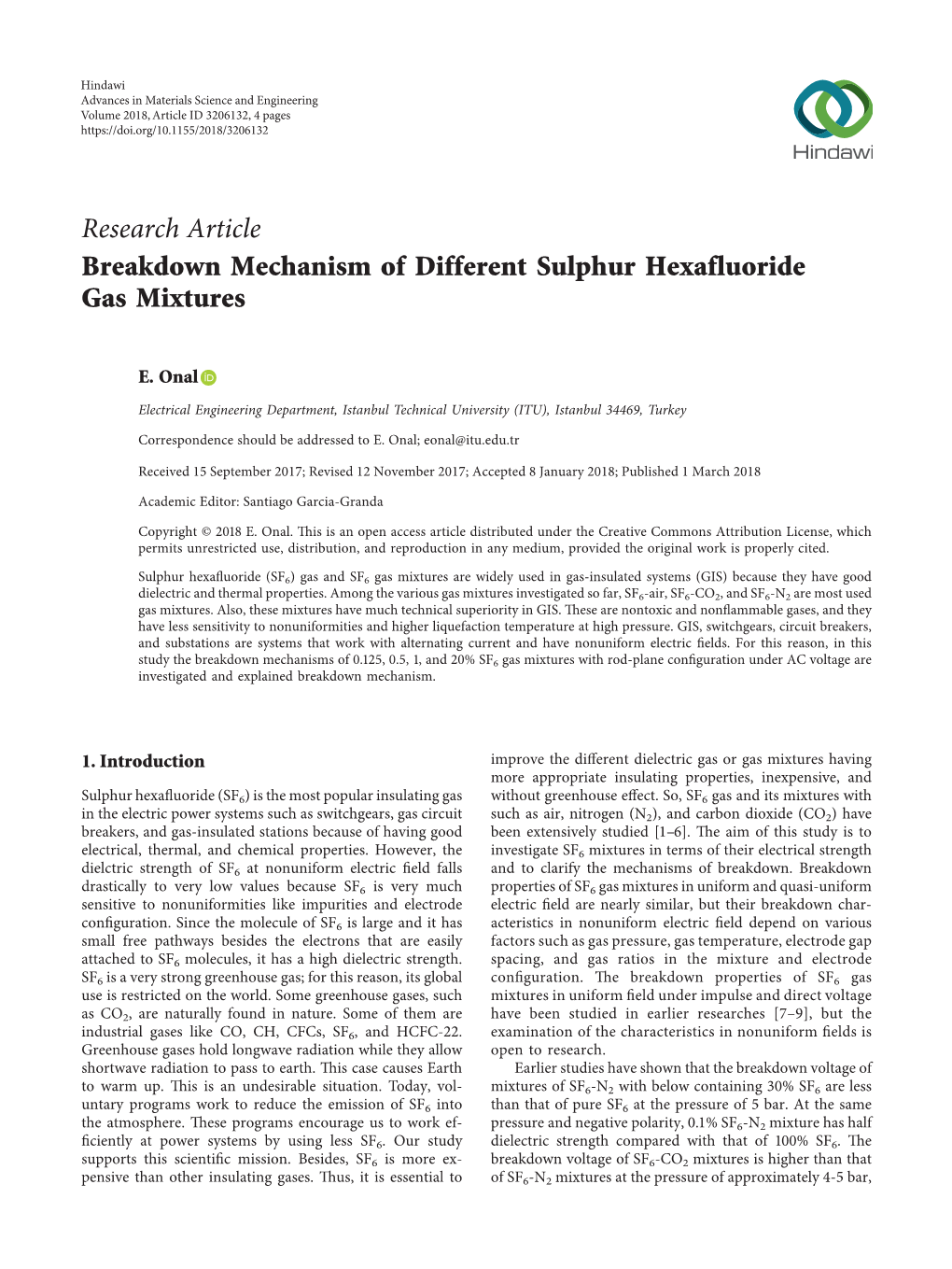 Research Article Breakdown Mechanism of Different Sulphur Hexafluoride Gas Mixtures