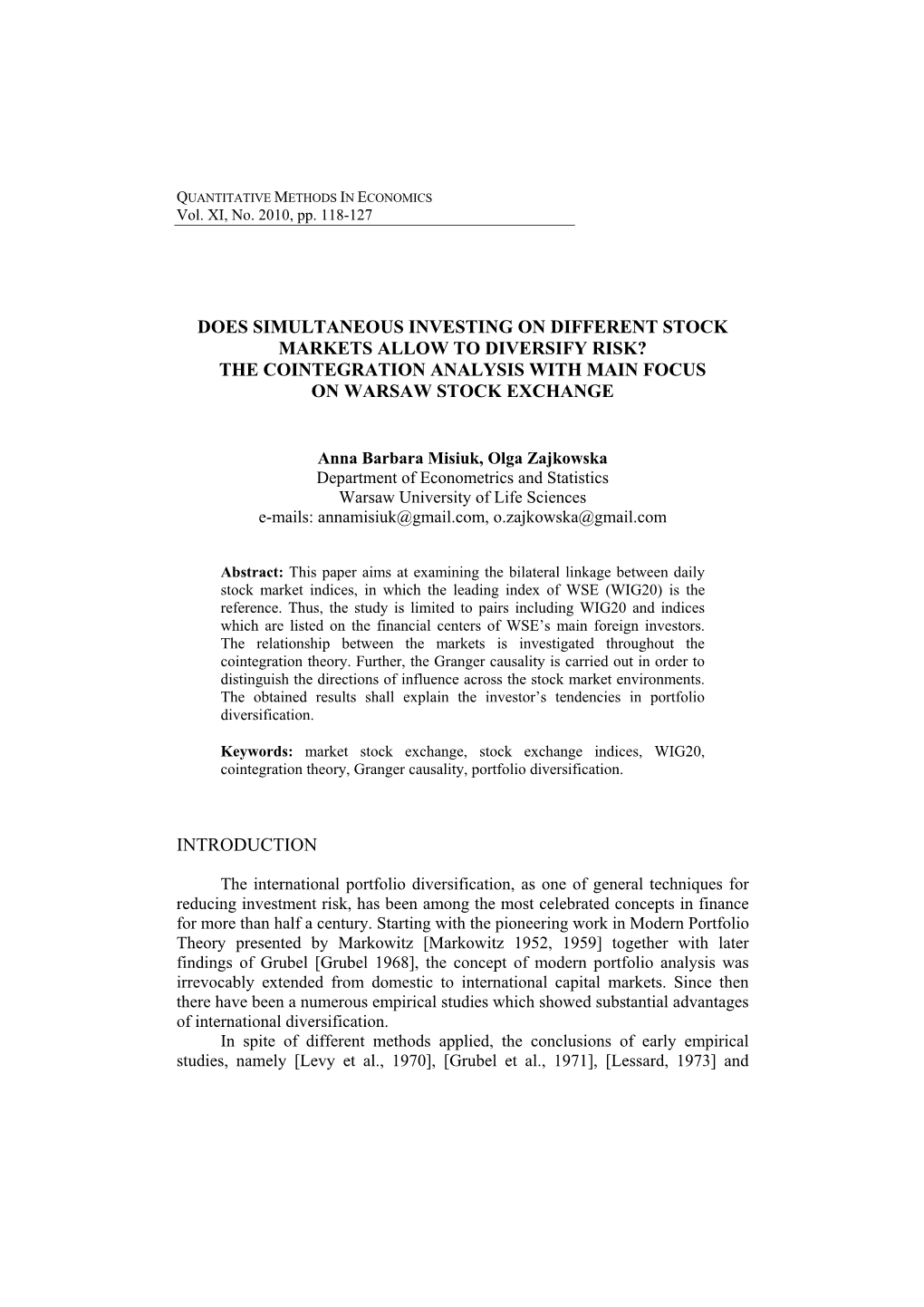 The Cointegration Analysis with Main Focus on Warsaw Stock Exchange